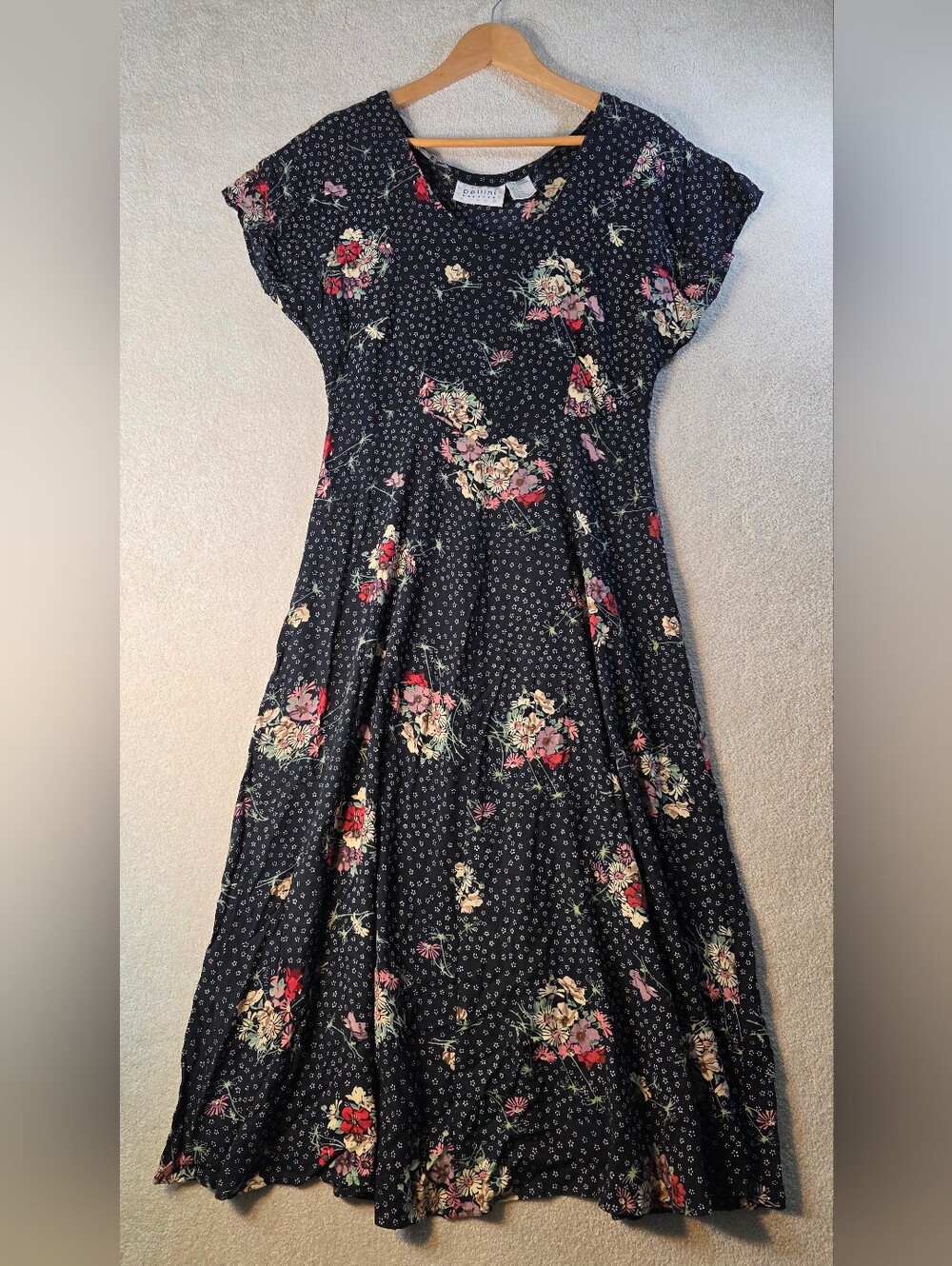 Pellini Y2K Floral Black Midi Dress Capped Sleeves Grunge Dark Romance Boho M